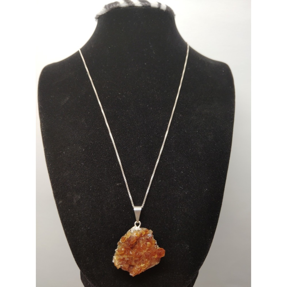 Raw Honey-Orange Citrine Druzy Pendant .950 Sterling Silver Necklace 19"